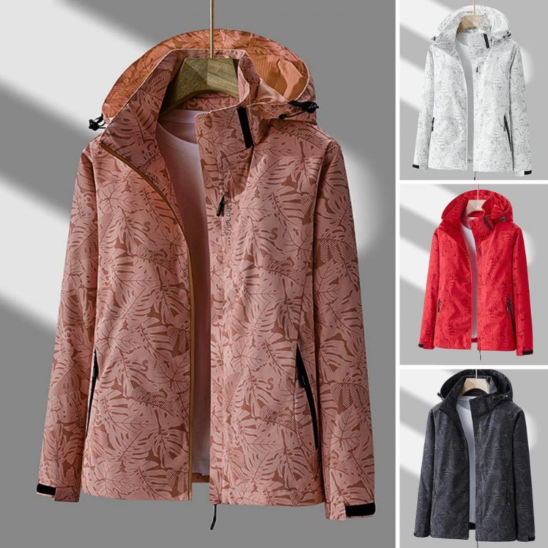 Waterproof Leaf Print Hooded Jacket