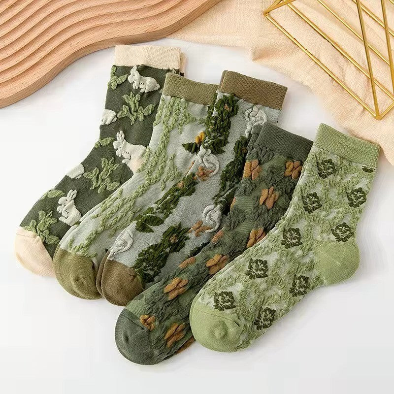5 Pairs Floral Socks - 3D Embossed