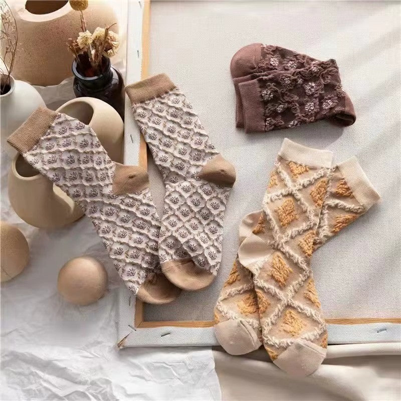 5 Pairs Floral Socks - 3D Embossed