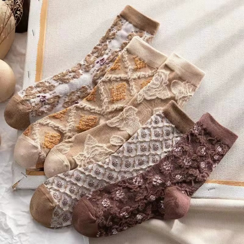 5 Pairs Floral Socks - 3D Embossed
