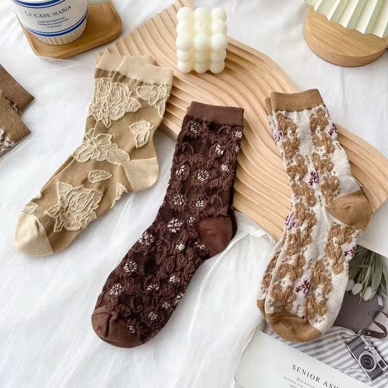 5 Pairs Floral Socks - 3D Embossed