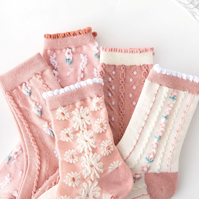 5 Pairs Floral Socks - 3D Embossed