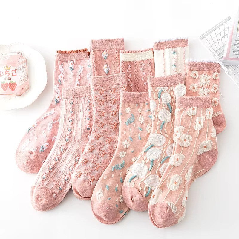 5 Pairs Floral Socks - 3D Embossed
