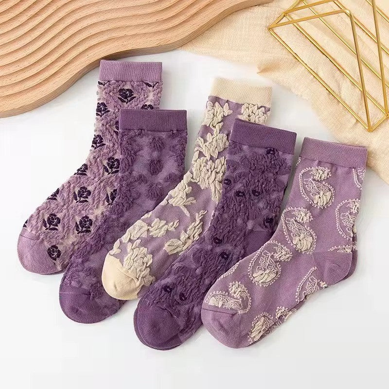5 Pairs Floral Socks - 3D Embossed