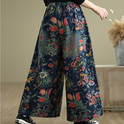 Floral Pleated Wide-Leg Pants