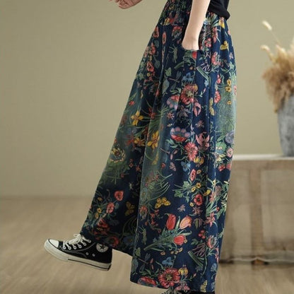 Floral Pleated Wide-Leg Pants