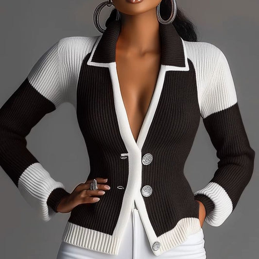 ContrastLapel Sweater Coat