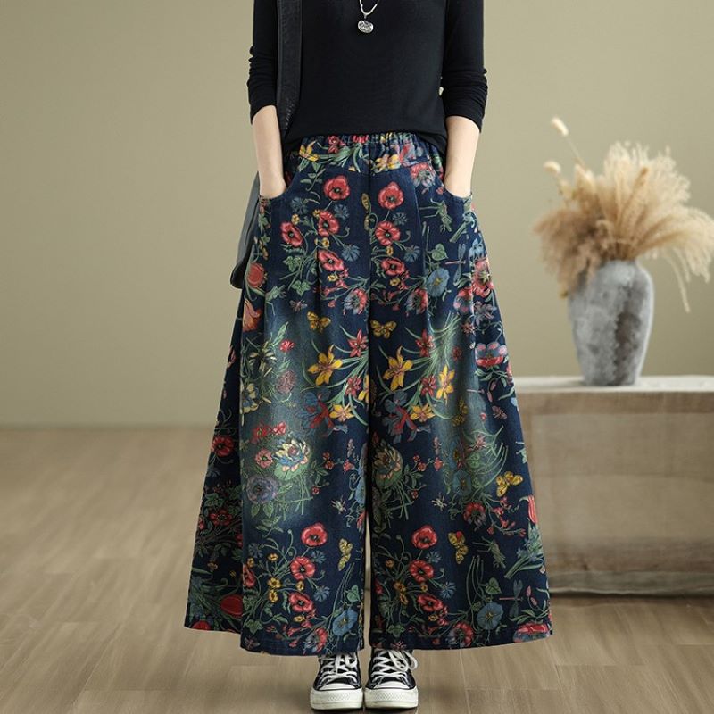 Floral Pleated Wide-Leg Pants