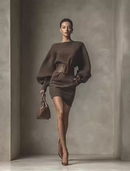 SlouchKnit Belted Mini Dress